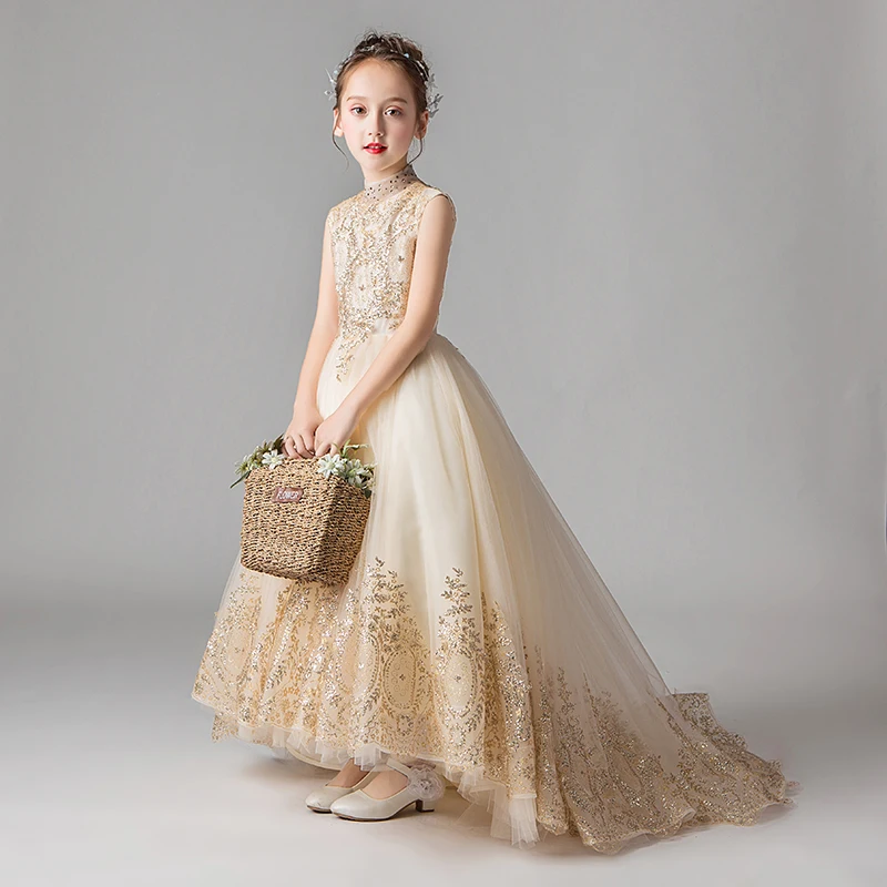 Sequin Gold Lace Girl Dress Princess Formal Gown Long Trailing Flower Pageant Party Wedding First Communion Dresses | Детская одежда и