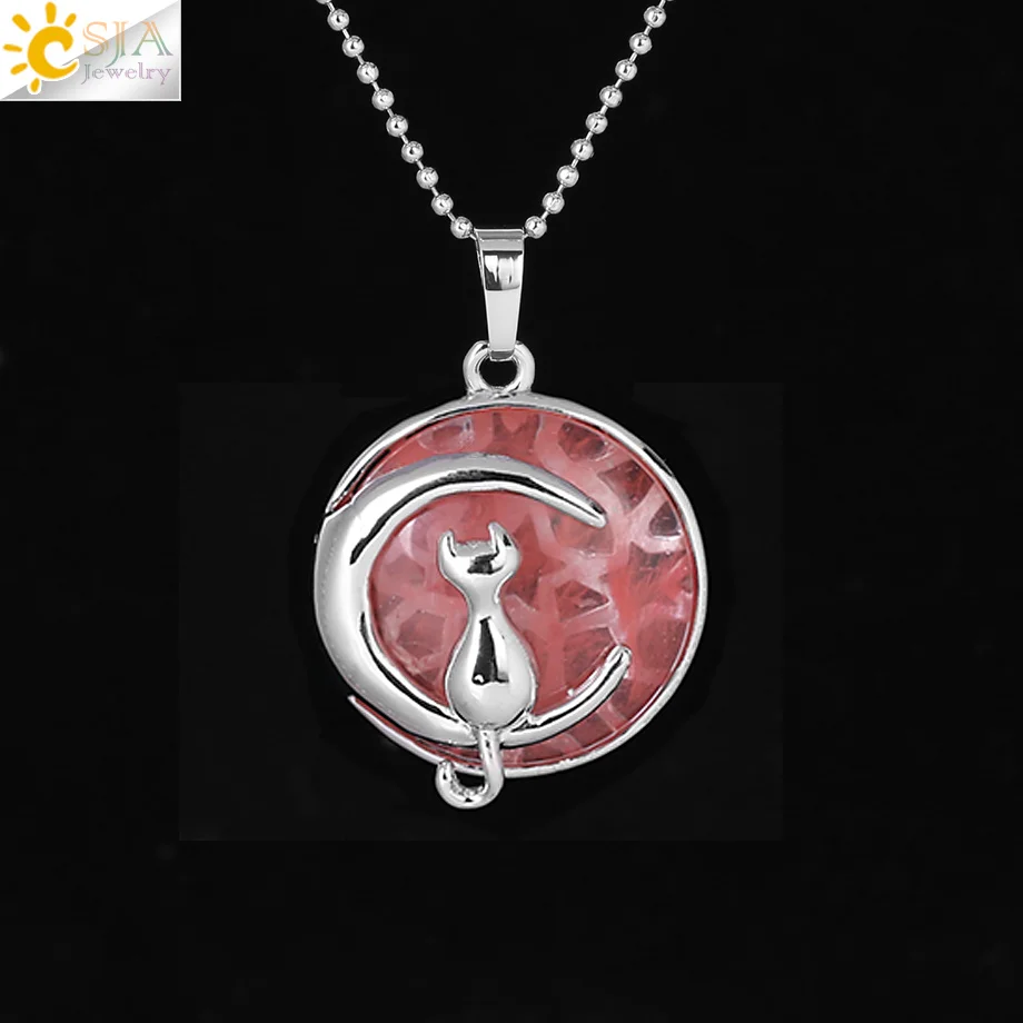 Watermelon Crystal CSJA, Новое поступление, женское ожерелье, кошка на Луне, натуральный камень, кристалл, подвеска, подвески, твердый корпус, котенок, талисманы, ювелирные изделия F341 - Окраска металла: Watermelon Crystal