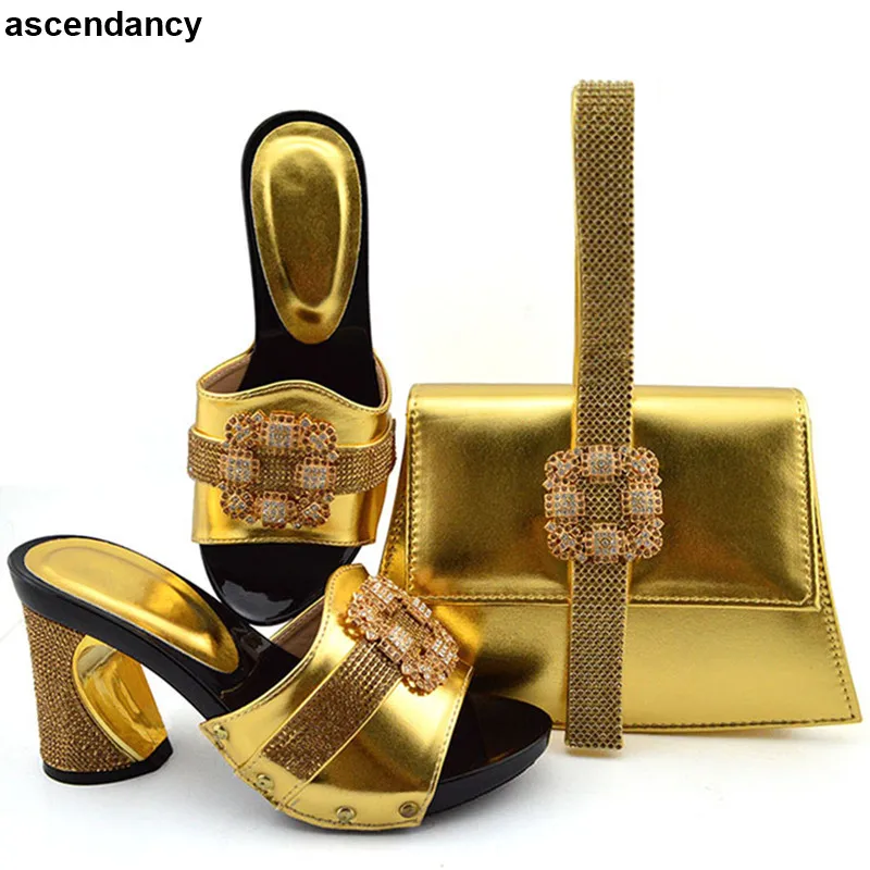 Latest African Wedding Italian Shoe and Bag Sets Decorated with Rhinestone Plus Size Shoes Women Heel Elegant Crystal | Обувь