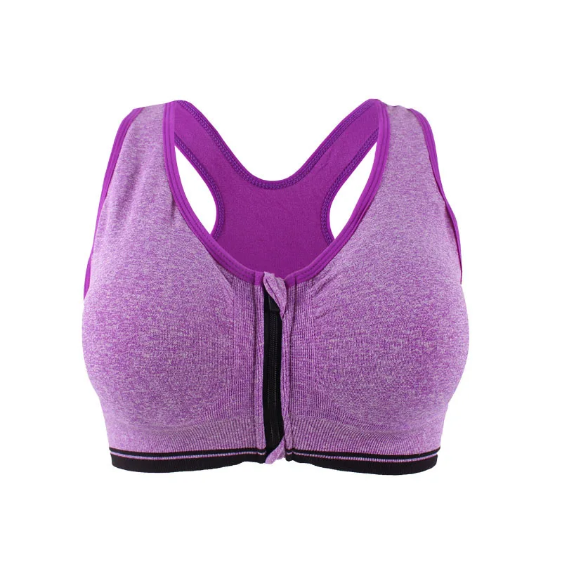 Purple 3XL размера плюс, ударопрочный спортивный бюстгальтер на молнии для женщин, мягкий пуш-ап бюстгальтер для йоги, фитнеса, ударопрочный спортивный топ для спортзала и бега - Цвет: Purple