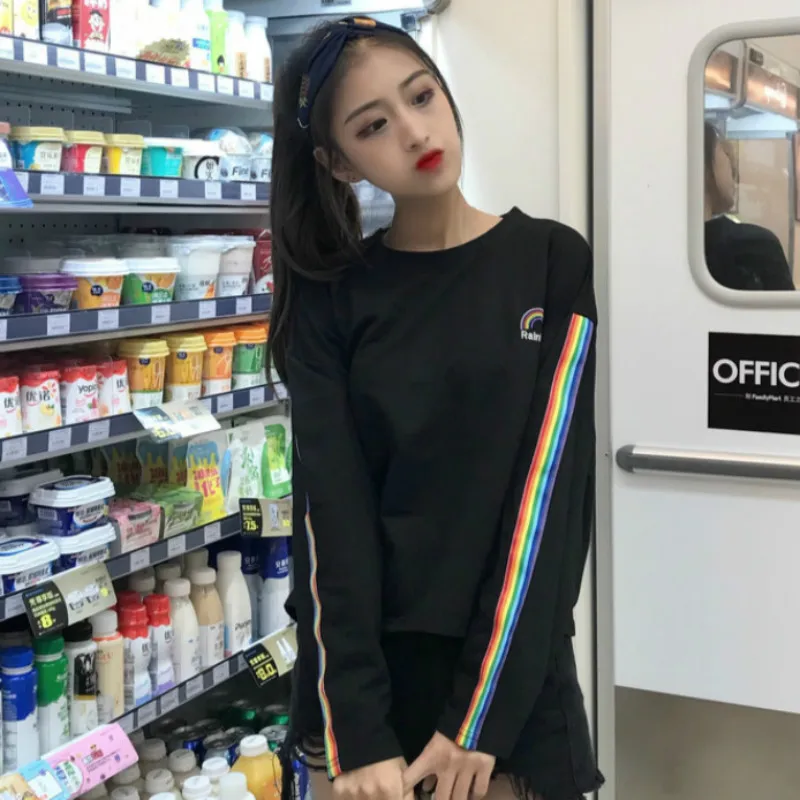 Милая Радужная полосатая футболка с вышивкой для девочек Harajuku модные женские