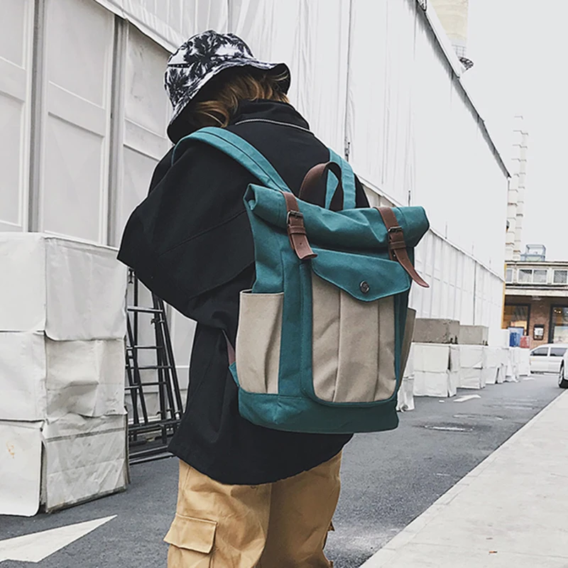 

New tide take men's backpack female fashion retro hit color backpack wash canvas high school college student bag men's tide bag