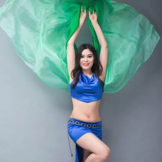 Green gradient Новая шелковая вуаль для танца живота, сценический шарф, шаль, вуаль, шелковая, градиентная, Радужная, 200 см, 250 см, 270 см, для детей и взрослых - Цвет: Green gradient