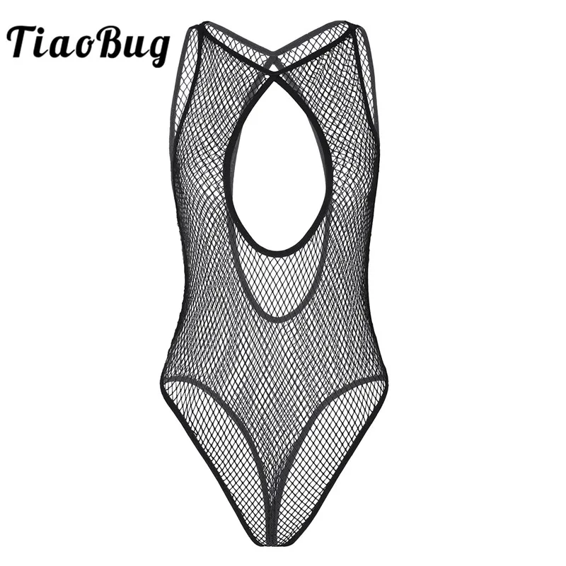 Женский прозрачный комбидресс TiaoBug черный цельный без рукавов с круглым вырезом