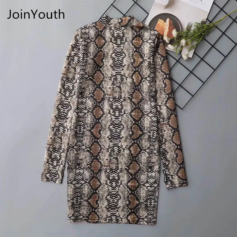 JoinYouth женское осеннее мини-платье из змеиной кожи с длинным рукавом сексуальное