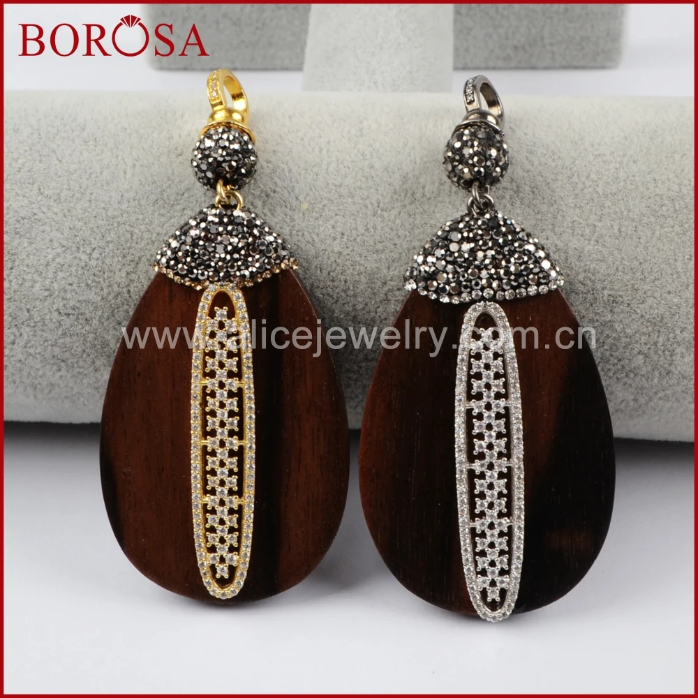 BOROSA Crystal Rhinestone Pave Pure Silver Color Sander Wood Drop Pendant Drusy Bead Fashion Jewelry JAB768 | Украшения и