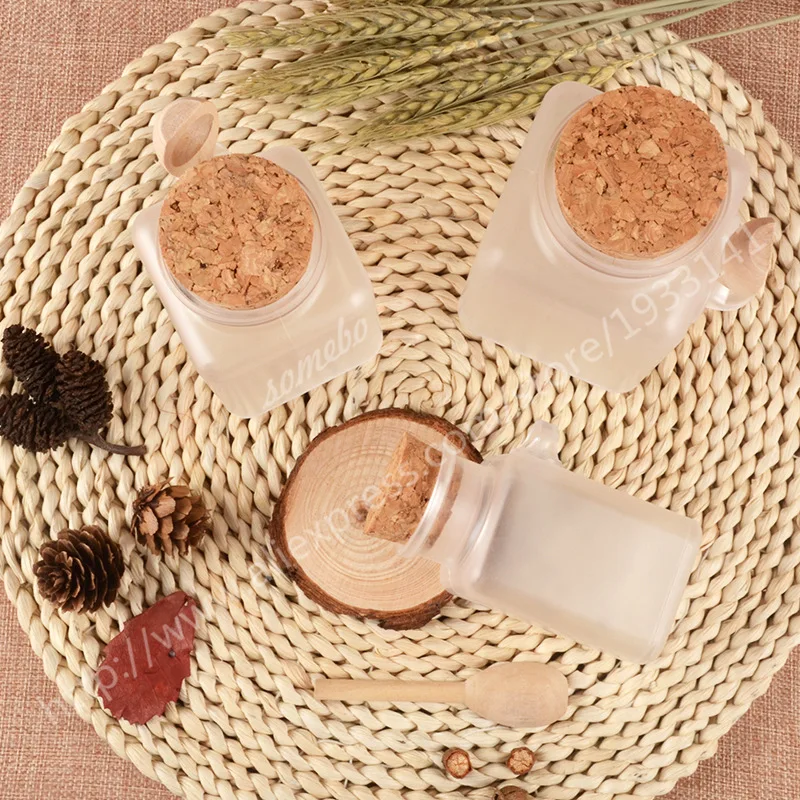 

200 X 100G,200G,300G ABS Bath Salt Bottle, Powder Plastic Bottle with Cork Jar with Wood Spoon, Bath Salt Packaging Bottle