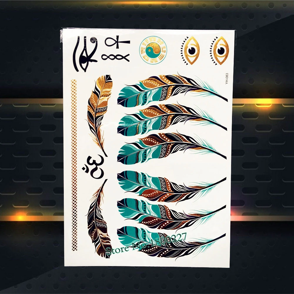 Тату золотой металлик милая бык Сова Птица перо узор Водонепроницаемый палец