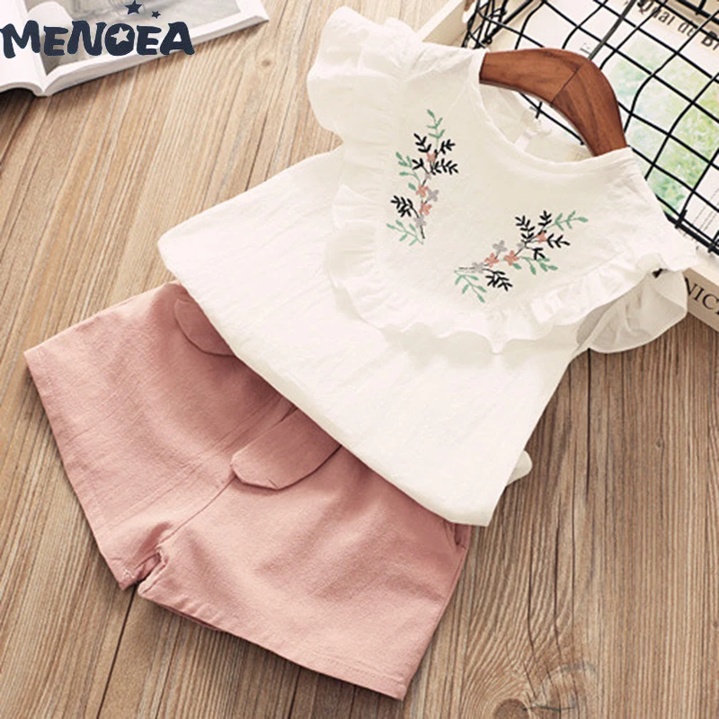 Menoea Girls Clothing Sets Brand Summer Casual Kids Clothing Sets Flower Embroidery T-shirt+Solid Shorts 2Pcs Girls Suit