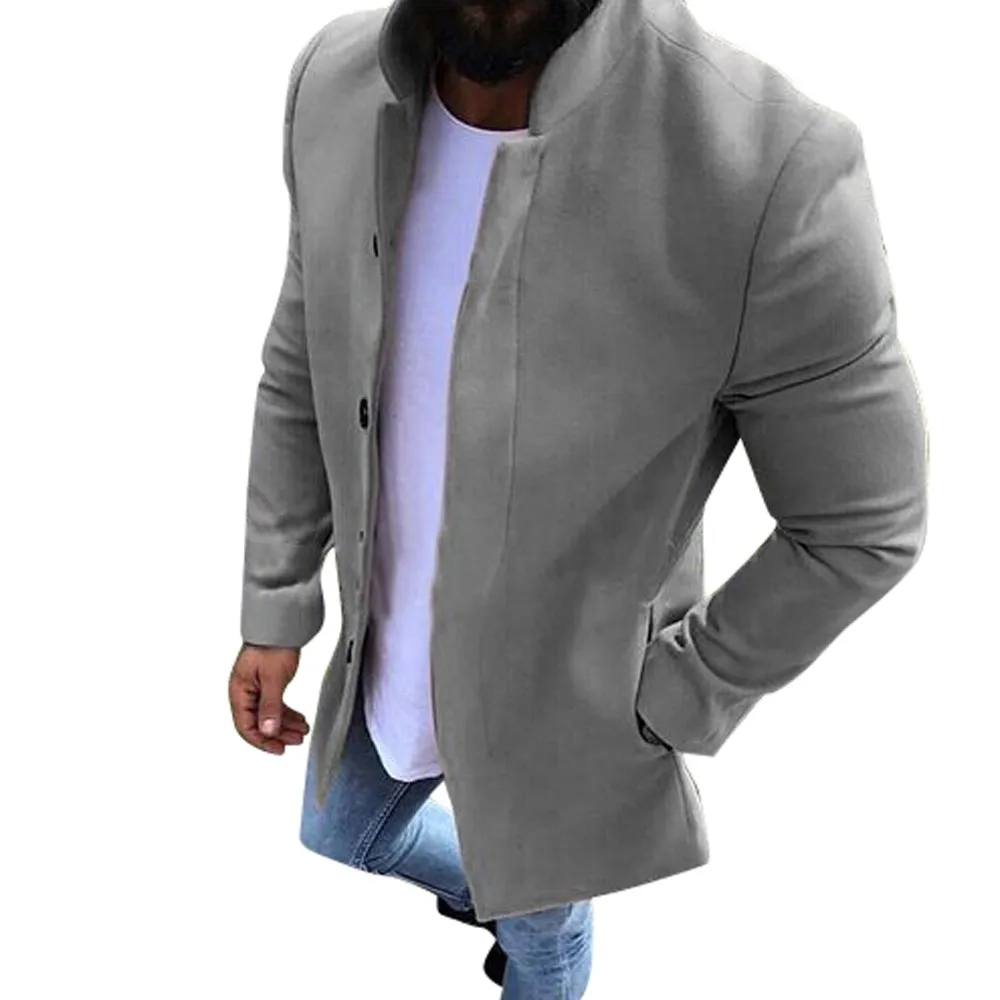 Серый Мужской тепло зимой Slim Fit длинное однотонное Цвет бизнес шерстяное пальто/Мужская Высокая-класс Чистый цвет Куртки большого размера - Цвет: Серый
