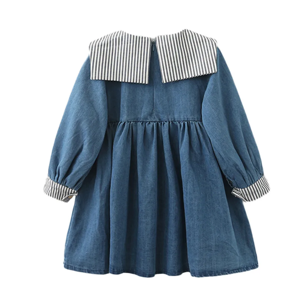 2018 new fashion Toddler Kid Girls Long Sleeves Belt Striped Denim Kids Clothing Princess Dress stem21 | Детская одежда и обувь