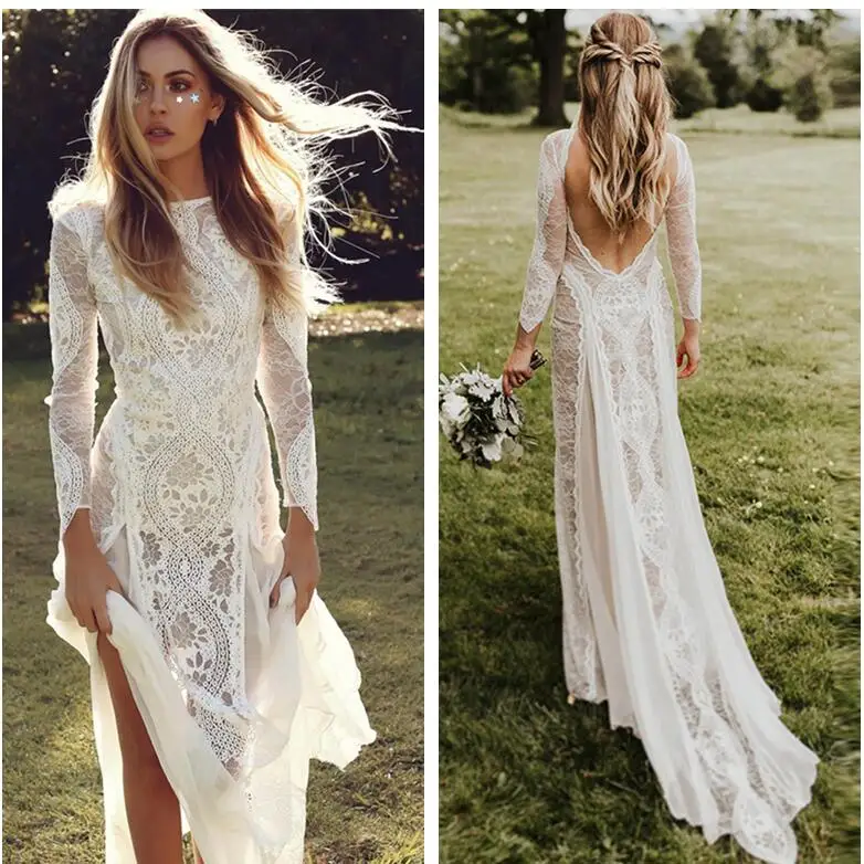 Сексуальные богемные Свадебные платья русалки для женщин Vestido De Noiva из кружева, с вырезом на шее лето пляж сад свадебное платье цвета слоновой кости - Цвет: ivory and champange