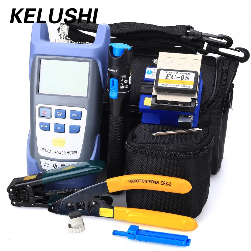 Kelushi Glasvezel Ftth Tool Kit Met FC-6S Fiber Cleaver En Optische Power Meter 5Km Visual Fault Locator 1mw Draad Stripper