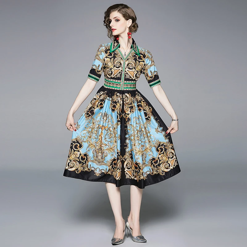 2019 new women's dresses with Print dress Vintage V-Neck | Женская одежда