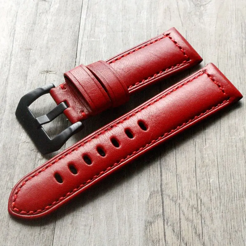 24mm Watchbands Retro Red Genuine Leather Watch band Strap watch accessories bracelet stainless steel buckle for Panerai | Наручные часы