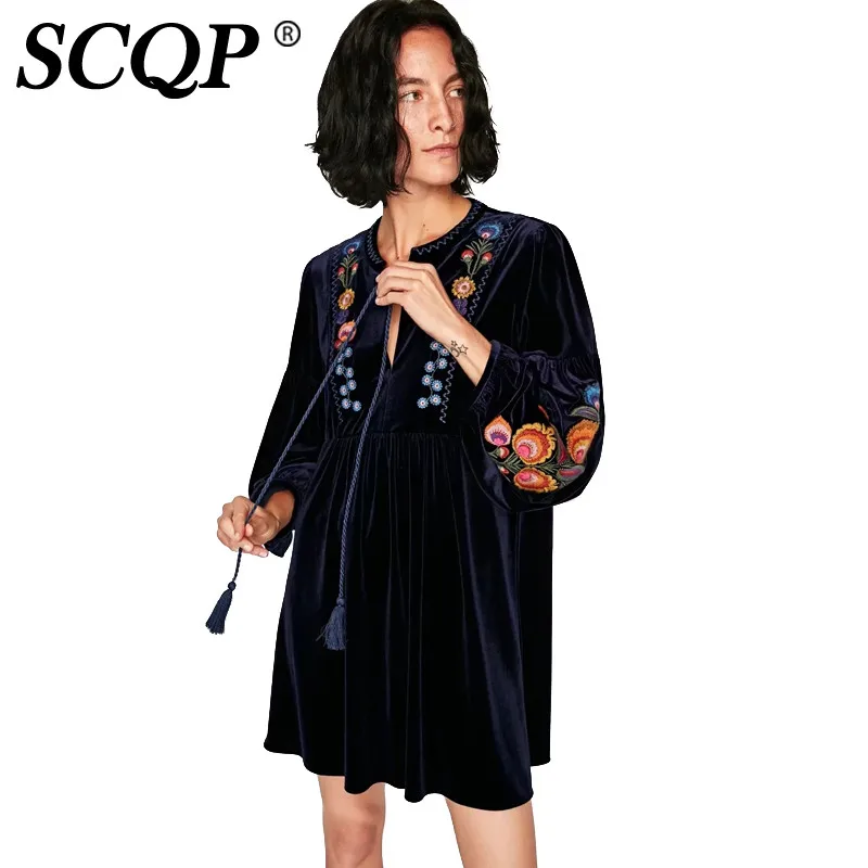 SCQP свободные Цветочные Вышивка Для женщин Вельветовое платье длиной выше колена