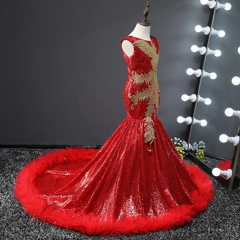 Роскошное платье с цветочным узором для девочек принцессы длинным шлейфом и