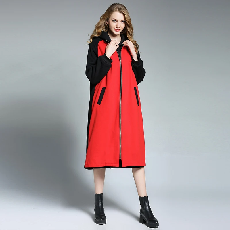 2017 winter new loose Large size ladies' Add velvet thickened hoodie Impact color Warm coat zipper | Женская одежда