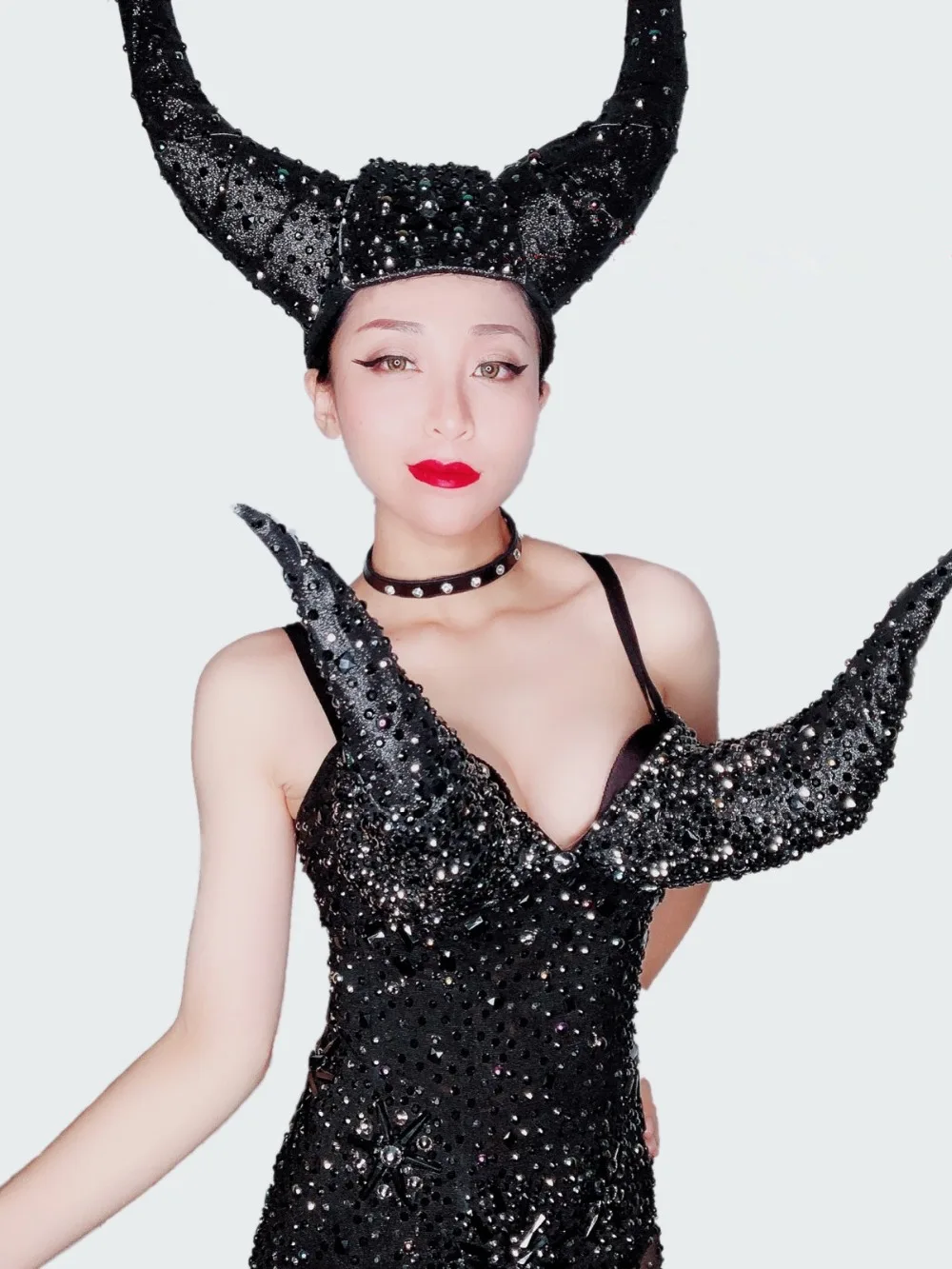

Halloween Stage Costume Women Black Crystals Stones Jumpsuits Sexy Perspective Mesh Rompers Nightclub Role Performance Costumes