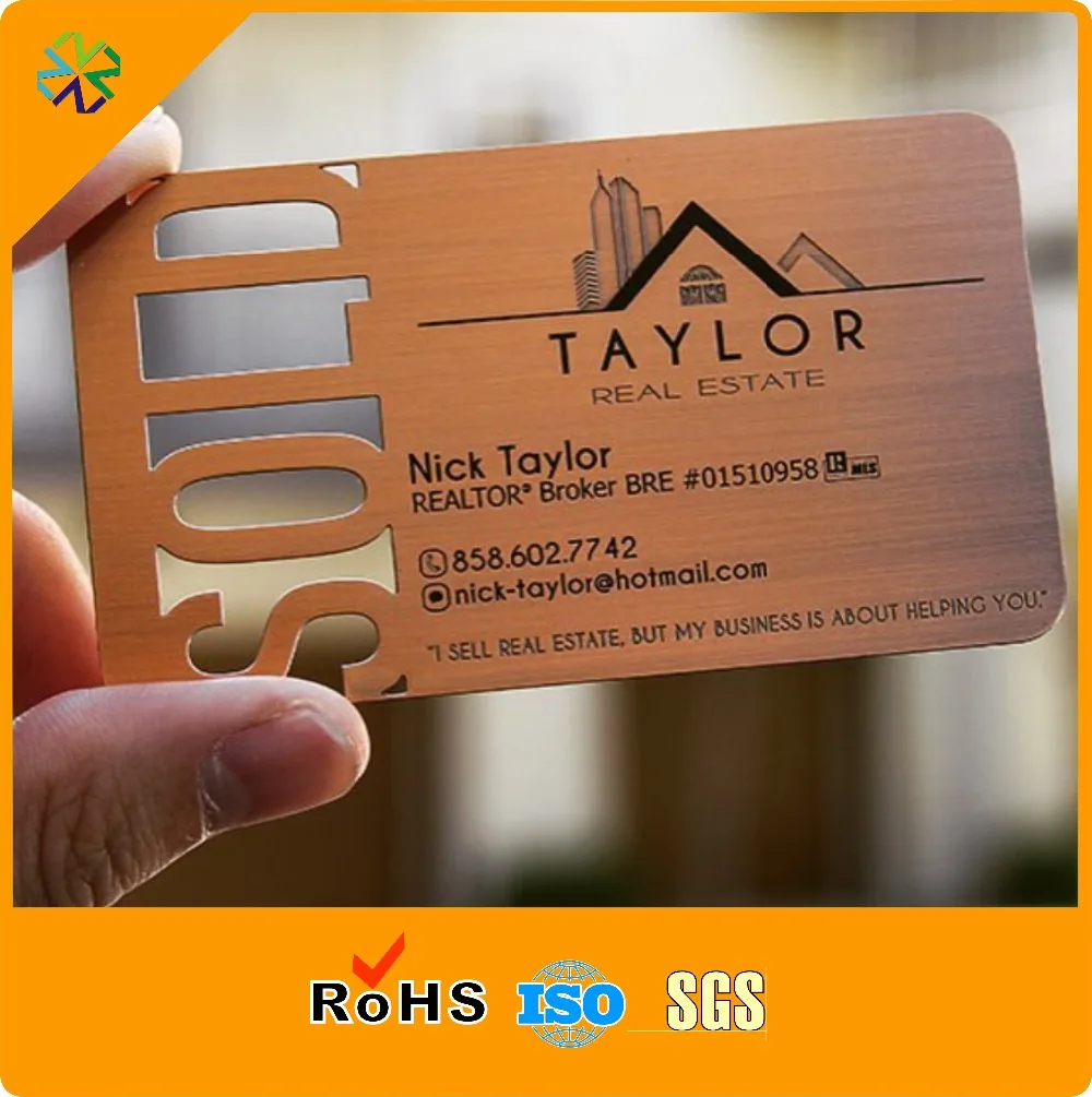 custom brushed effect metal business cards cut  out logo printing words