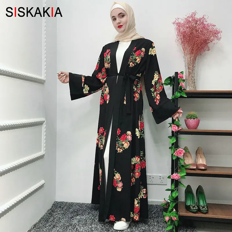 Женское кимоно с цветочным принтом Siskakia черное узким поясом модные аравийские