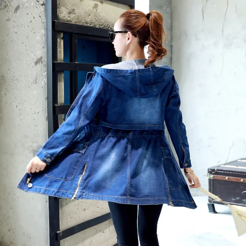 denim blue Женская джинсовая ветровка, весна-осень, верхняя одежда средней длины, новинка, пальто с капюшоном, свободный, большой размер, S-5Xl, женский плащ LDT673 - Цвет: denim blue