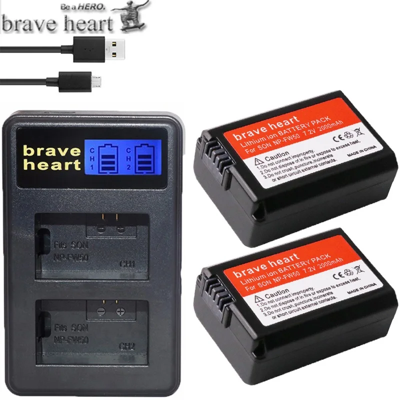 2 шт. 2000 мАч NP-FW50 NP FW50 батарея для камеры+ ЖК USB двойное зарядное устройство для sony Alpha a6500 a6300 a6000 a5000 a3000 NEX-3 a7R - Цвет: charger and 2battery