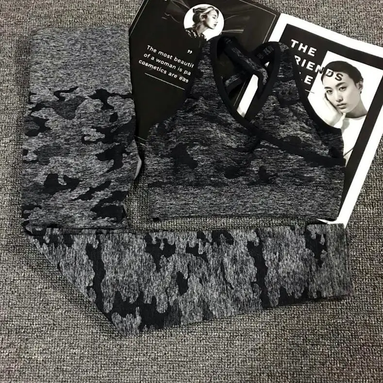 Black Set 2 шт./компл. камуфляж Йога Комплект Для женщин бесшовные Фитнес Йога бюстгальтер спортивный бюстгальтер Высокая Талия тренажерный зал камуфляжной расцветки, легинсы, штаны для фитнеса костюмы тренировки - Цвет: Black Set