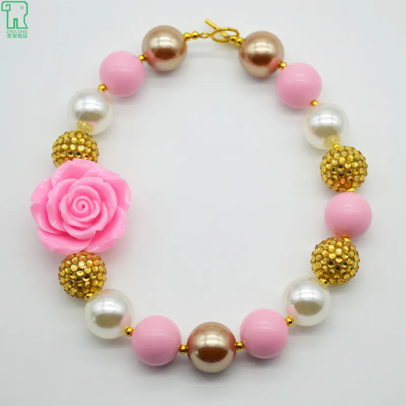 

wholesale 5PCS Baby Girls Big Resin Pink Rose Flower Necklace Kid Children Chunky Bubblegum Necklaces Princess Costume Jewelry