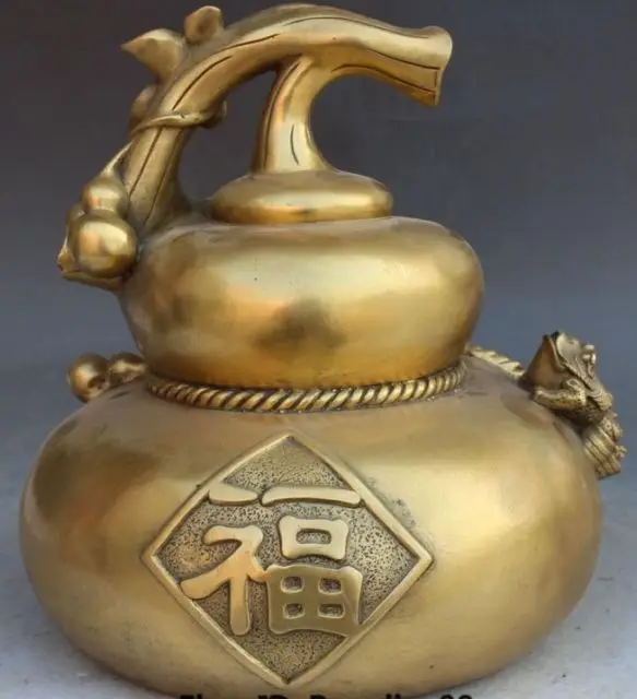 

10"China Bronze Auspicious Fu Cucurbit Calabash Gourd Golden Toad Spittor Statue