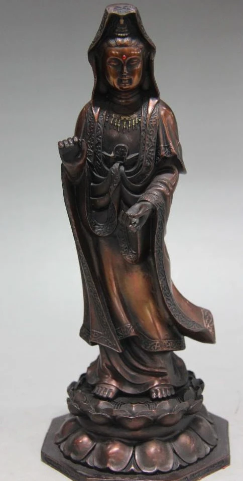 

Free S hipping 32cm Copper Bronze Standing lotus flower GuanYin Kwan-yin Boddhisattva Buddha Statue