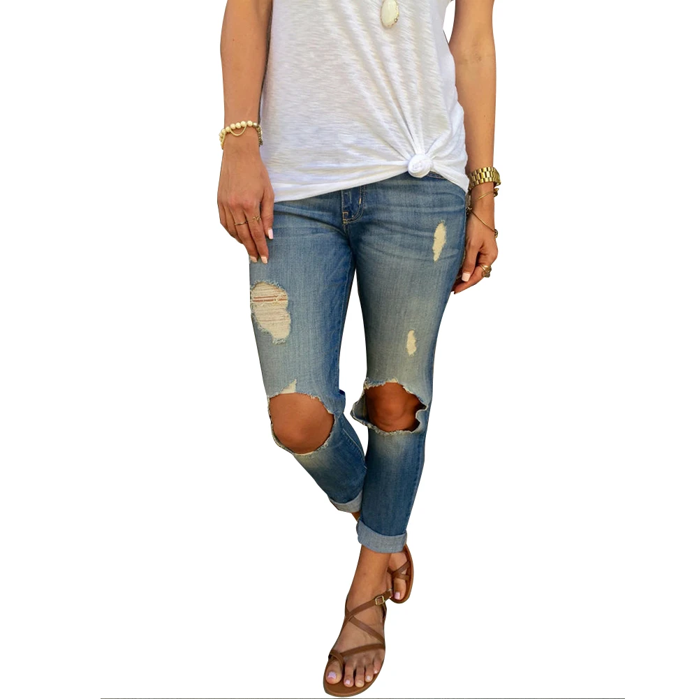 Высокая эластичная талия повседневные джинсовые рваные брюки растягивающиеся