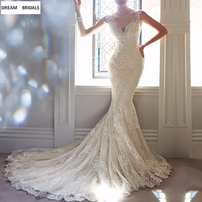 

Champagne Lace Mermaid Wedding Dresses Beading Sequined Bridal Gowns Off The Shoulder Vestido De Noiva 2019