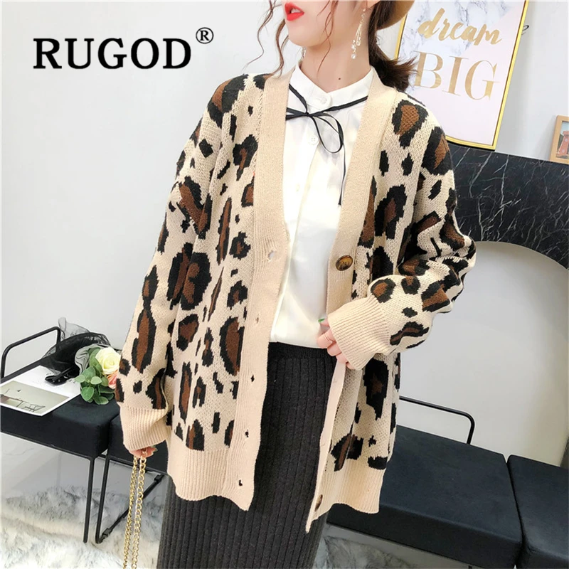 RUGOD винтажный Новый женский леопардовый вязаный кардиган модный однобортный
