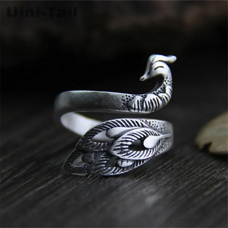 Uini-Tail, хит, новинка 925, Стерлинговое Серебро, Ретро стиль, тайское серебро, павлин, Феникс, одежда, пион, открытие, регулируемое кольцо, аксессуары для женщин