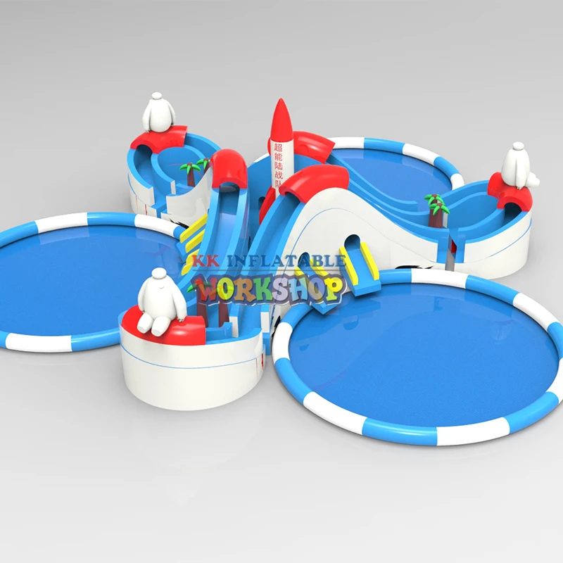 Goede Custom-Made Drie Aantrekkelijke Opblaasbare Glijbanen Met Zwembaden Kids Water Park Te Koop