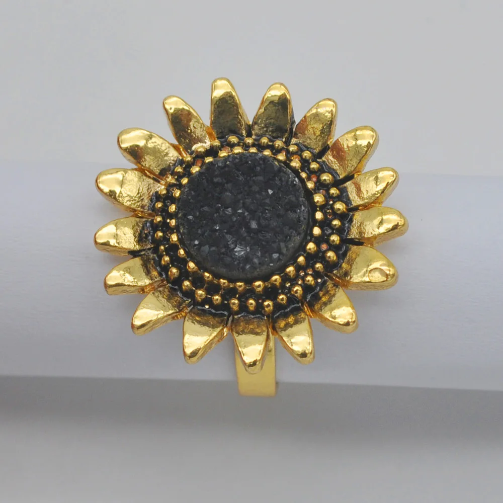 Кольцо на палец с черным кристаллом и инкрустацией цветка, Размер 9, ювелирные изделия для женщин, подарок X073