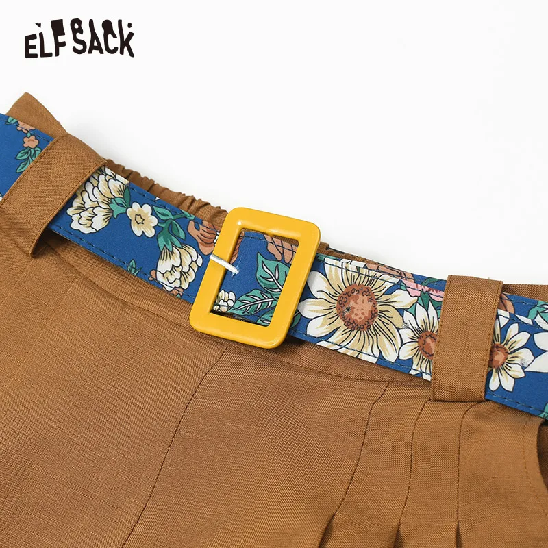 Женские льняные шорты ELFSACK свободные коричневого цвета с эластичной талией