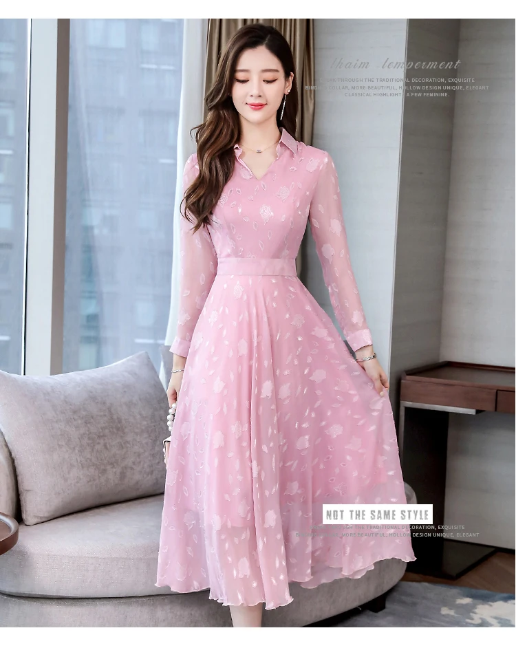 Dingaozlz Vestidos, M-3XL, новинка, отложной воротник, повседневное платье, тонкий длинный рукав, плюс размер, платье,, Осеннее шифоновое платье
