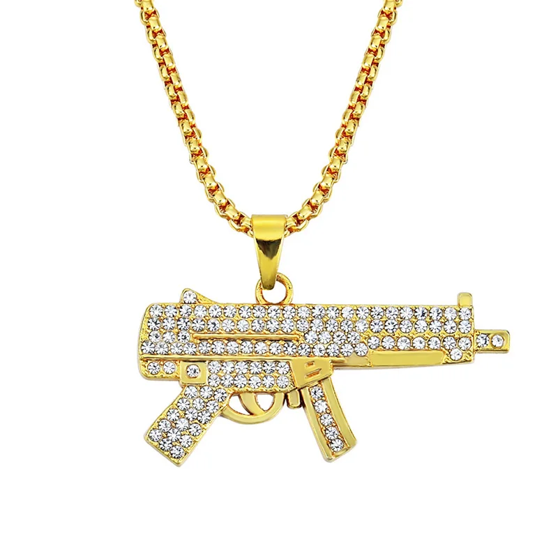 Женское и мужское ожерелье с кулоном Uzi Gun массивное Золотистое украшение в стиле