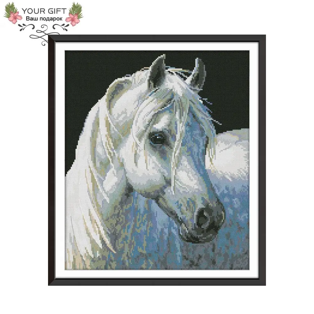 

Joy Sunday White Horse Cross Stitch DA258 14CT 11CT Counted Stamped Home Decor Horse Needlepoint Embroidery Cross Stitch Kits