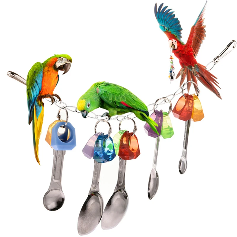 

Parrot Toys Pet Bird Bites Climb Chew Toy Metal Spoon Set Hanging Cockatiel Parakeet Climb Chewing Cage Bird Toys Supplies