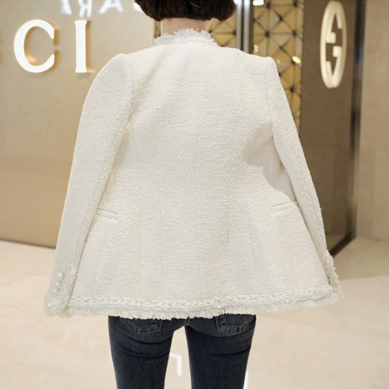 2019 Femme Warm Tweed Jacket Elegant Overcoat Brand Lady Winter Pearls Tassels Woolen Coat Women Vintage Casaco | Женская одежда