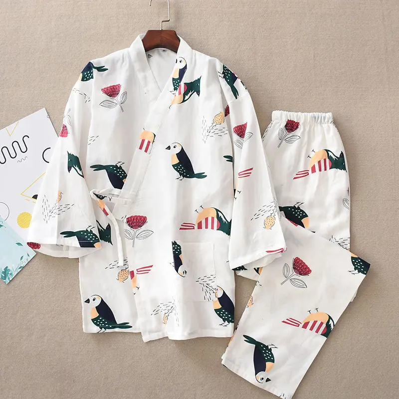 Birds Prints White Пижамы для женщин, кимоно, хлопковые пижамы для женщин, японская ночная рубашка, домашняя одежда с v-образным вырезом, длинные штаны, пижама для женщин - Цвет: Birds Prints White