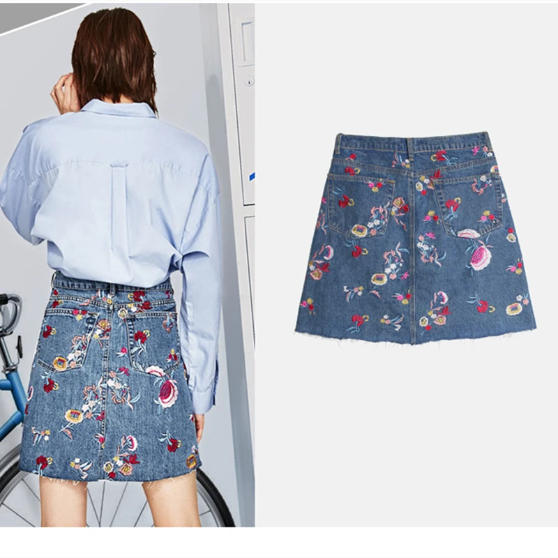 

summer mini denim skirts womens Embroidery Floral A-Line skirts jeans skirt high waist faldas cortas