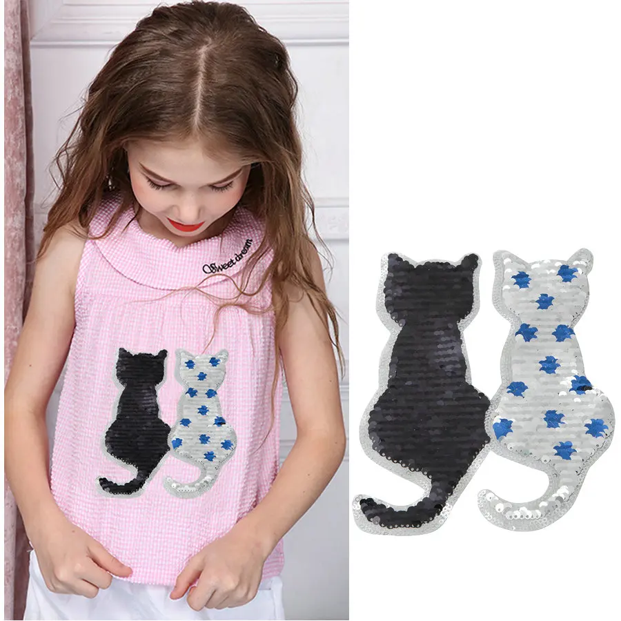 Кот Вышивка цвет нашивок изменение блёстки Реверсивные пришить клеящиеся утюгом