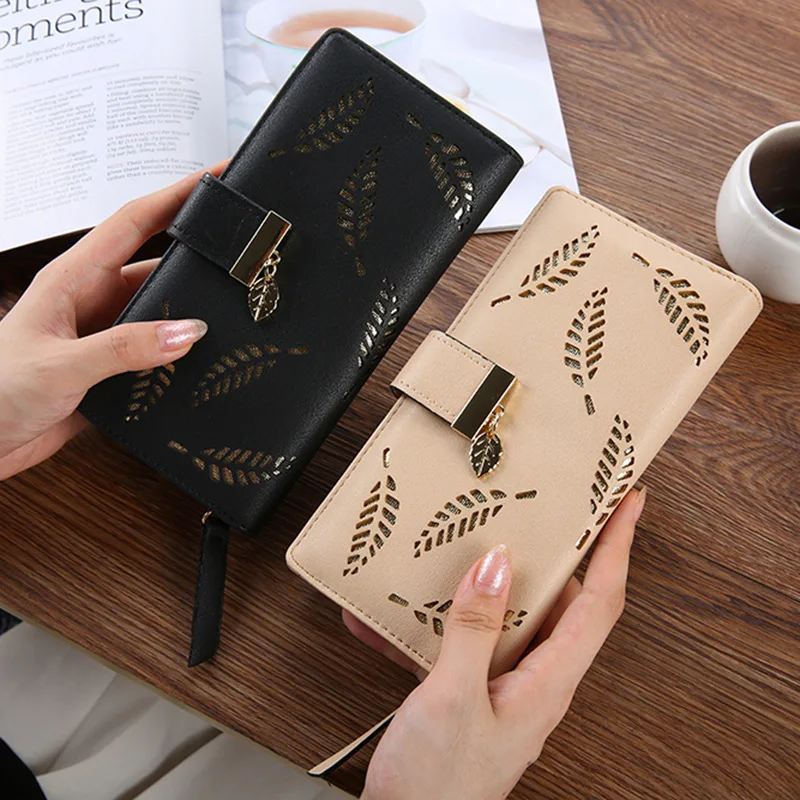 кошелек женский Многоцветный PU кожаный бумажник роскошные золотые полые листья