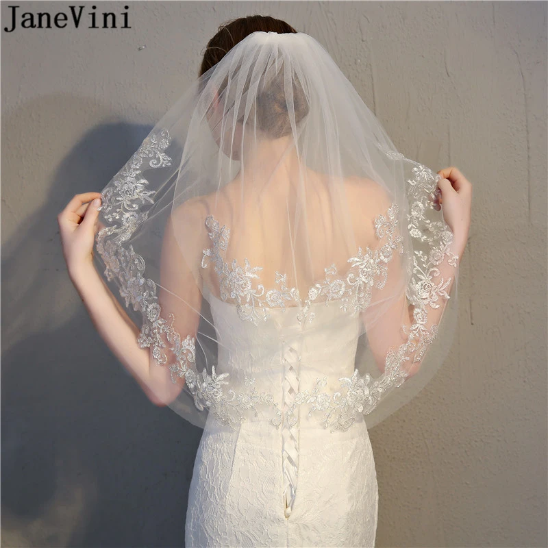 Короткий вуаль JaneVini цвета слоновой кости для невесты, двухслойная кружевная Apliques Edge, длина до колена, с расческой, аксессуары для свадьбы от AliExpress WW