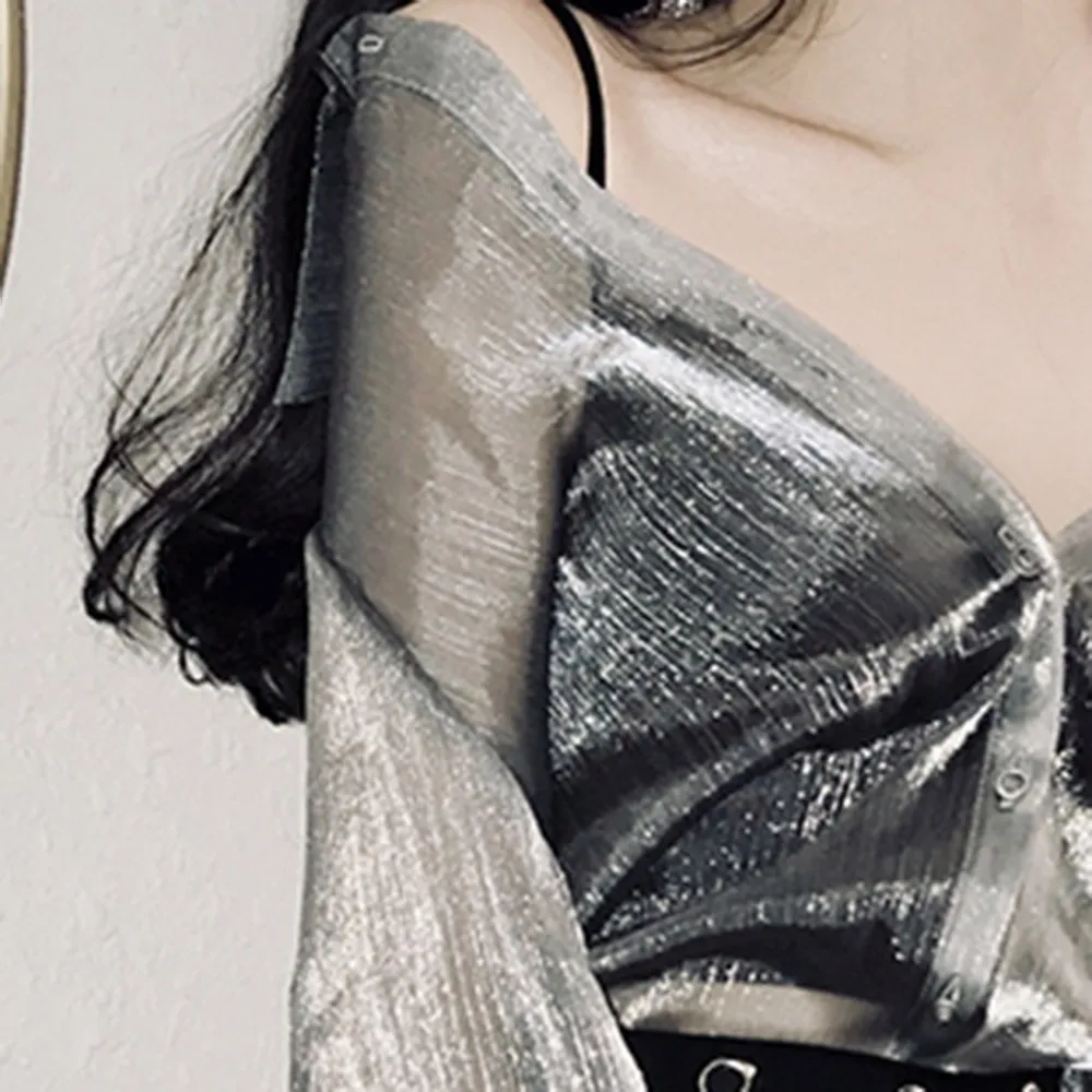 Серебристый See Through Sexy рубашка Для женщин Мода Осень Топ корейский стиль