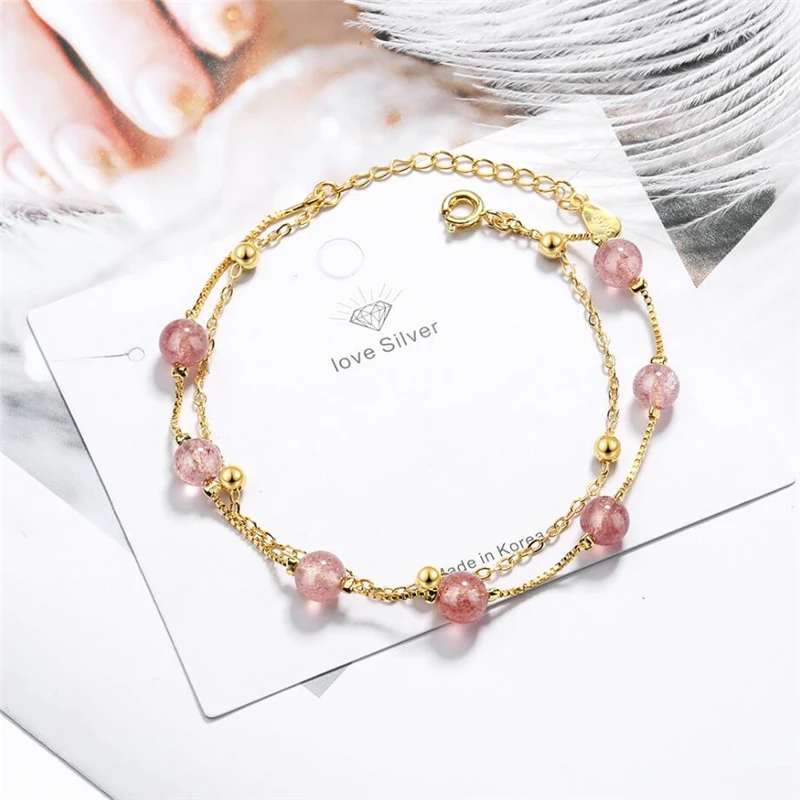 

Sole Memory Pink Strawberry Crystal Double Layer Sweet Lovely Fresh Silver Color Female Resizable Bracelets SBR181